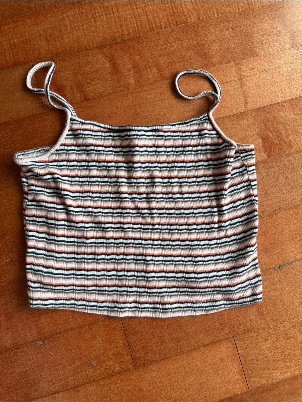 Forever 21 Striped Ribbed Spaghetti Strap Crop Top - White, Black & Peach